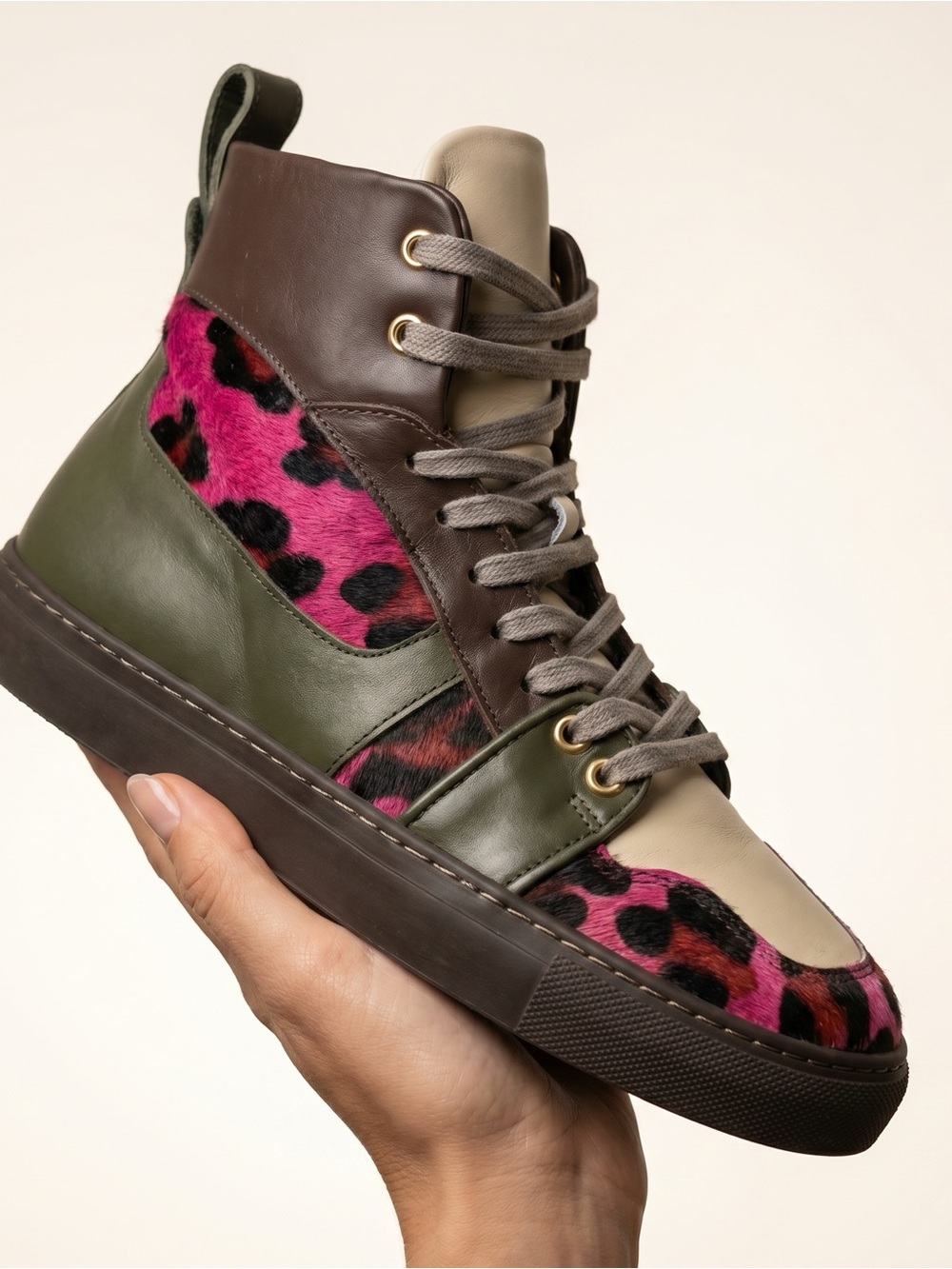 Women's High-Top Fashion Sneakers Italian Leather with Pink Leopard calf hair